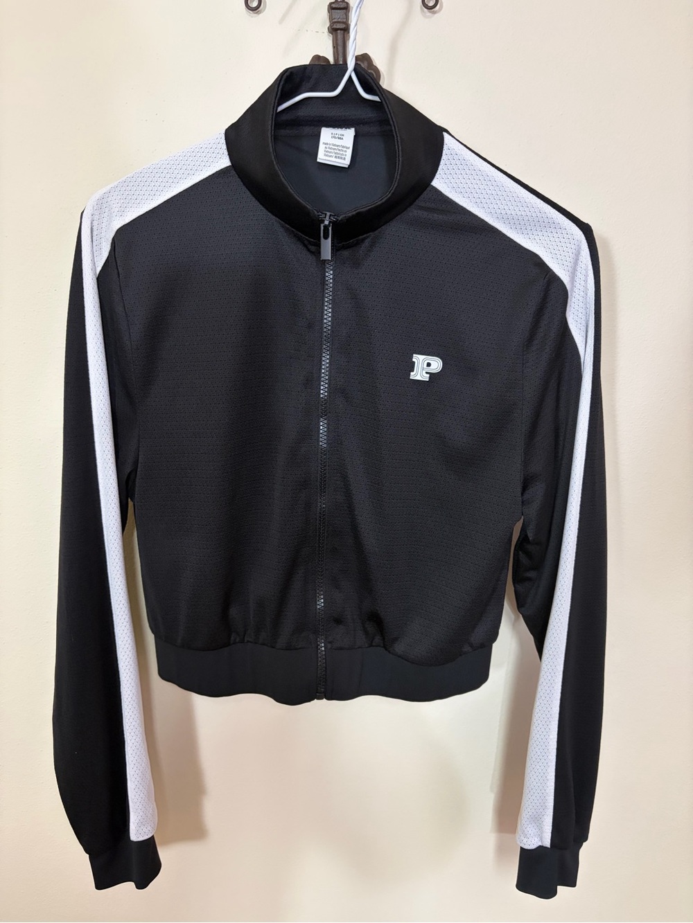 PINK Victoria's Secret Black & White Mesh-Panel Cropped Varsity Jacket